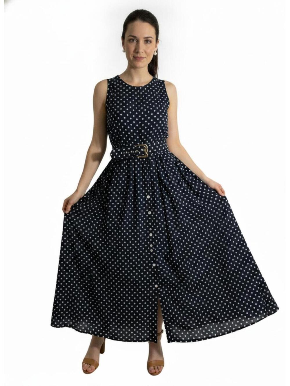 Vintage 90's Cristin Stevens  Navy Blue Polka Dot Dress/Gold Belt/Full Skirt